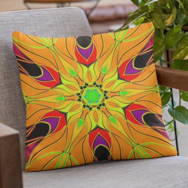 Tecknad Mandala Flower Orange Grönt och Red Kudde (Skapare uppladdad)