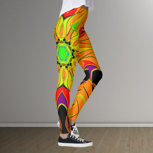 Tecknad Mandala Flower Orange Grönt och Red Leggings