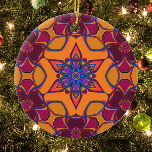 Tecknad Mandala Flower Orange Lila and Blue Julgransprydnad Keramik