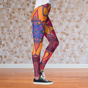 Tecknad Mandala Flower Orange Lila and Blue Leggings
