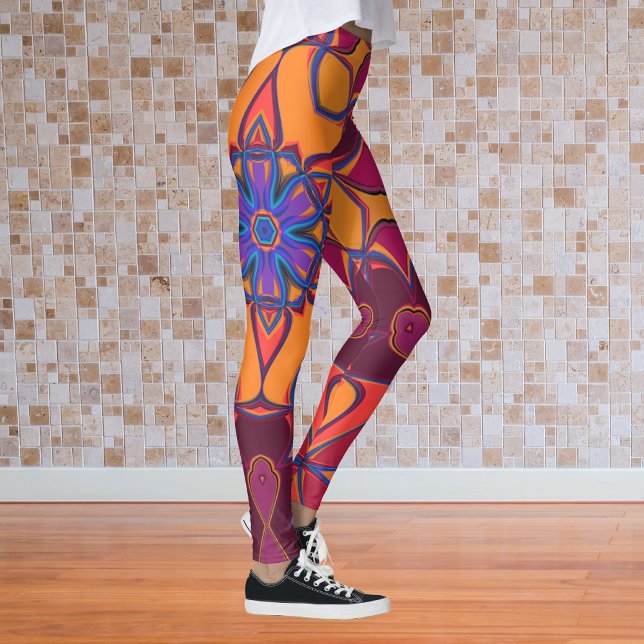Tecknad Mandala Flower Orange Lila and Blue Leggings (Skapare uppladdad)