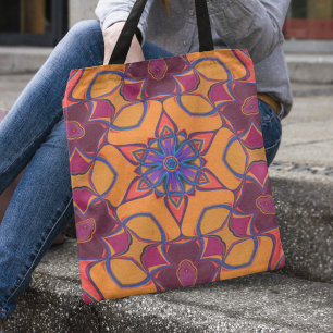 Tecknad Mandala Flower Orange Lila and Blue Tygkasse