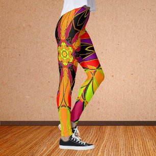 Tecknad Mandala Flower Orange Lila and Red Leggings