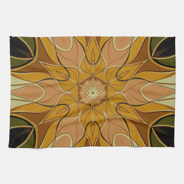 Tecknad Mandala Flower Orange och Grönt Kökshandduk (Horisontell)