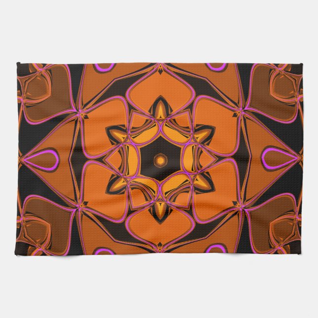 Tecknad Mandala Flower Orange Rosa och svart Kökshandduk (Horisontell)