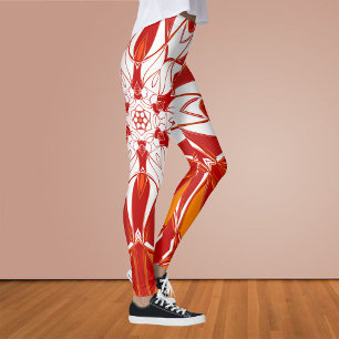 Tecknad Mandala Flower Red Orange and White Leggings