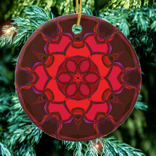 Tecknad Mandala Flower Red Rosa and Lila Julgransprydnad Keramik