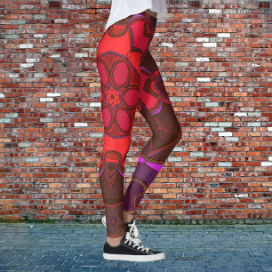 Tecknad Mandala Flower Red Rosa and Lila Leggings