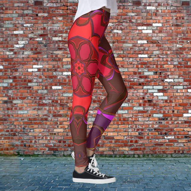 Tecknad Mandala Flower Red Rosa and Lila Leggings (Skapare uppladdad)