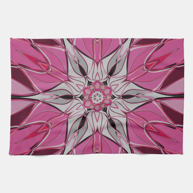 Tecknad Mandala Flower Rosa and White Kökshandduk (Horisontell)