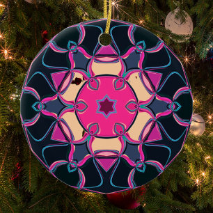 Tecknad Mandala Flower Rosa Gult and Black Julgransprydnad Keramik