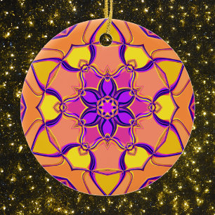 Tecknad Mandala Flower Rosa Lila and Orange Julgransprydnad Keramik