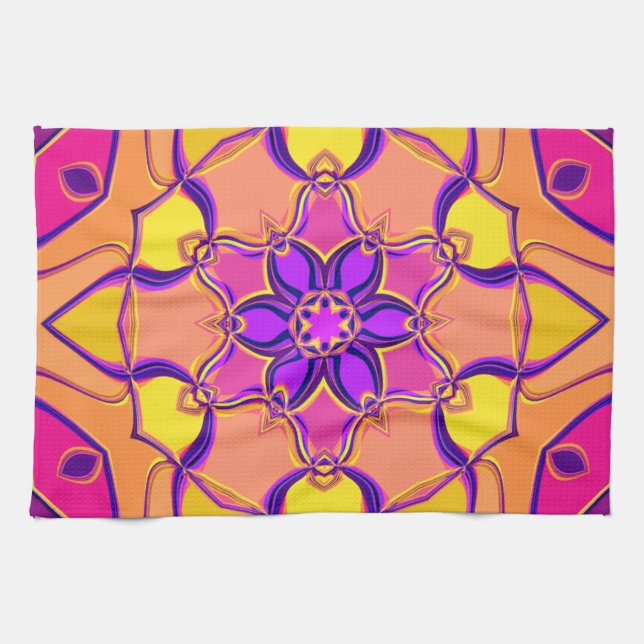 Tecknad Mandala Flower Rosa Lila and Orange Kökshandduk (Horisontell)