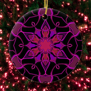 Tecknad Mandala Flower Rosa och svart Julgransprydnad Keramik