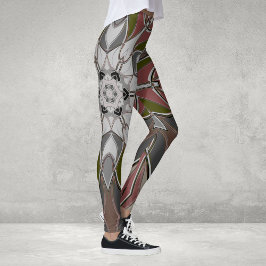 Tecknad Mandala Flower White Red and Grönt Leggings