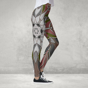 Tecknad Mandala Flower White Red and Grönt Leggings