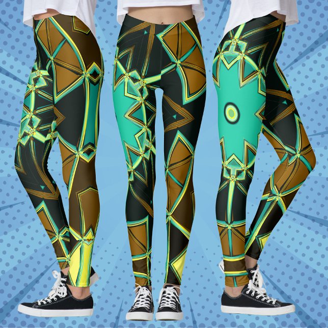 Tecknad Mandala Grönt Black and Gult Leggings (Skapare uppladdad)