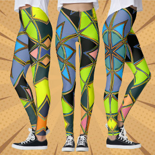 Tecknad Mandala Grönt Blue och Orange Leggings