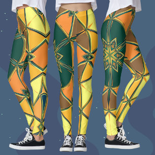 Tecknad Mandala Gult Orange och Grönt Leggings