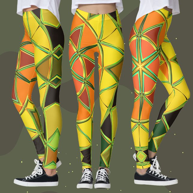 Tecknad Mandala Gult Orange och Grönt Leggings (Skapare uppladdad)