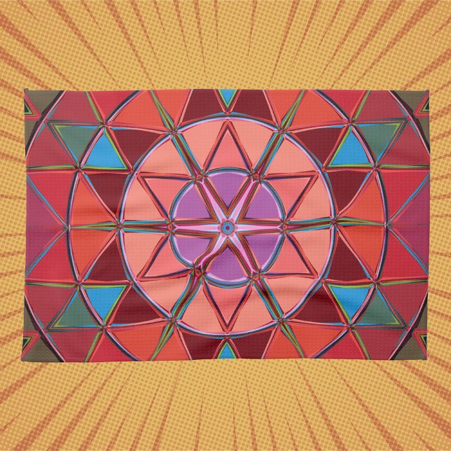 Tecknad Mandala Red Rosa and Blue Kökshandduk (Skapare uppladdad)