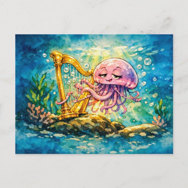 Tecknad manet som spelar harpa   vykort (Framsida)