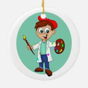 Tecknad manlig konstnär med pensel och palett julgransprydnad keramik
