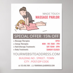 Tecknad massage, massagebehandling, massage parlor poster