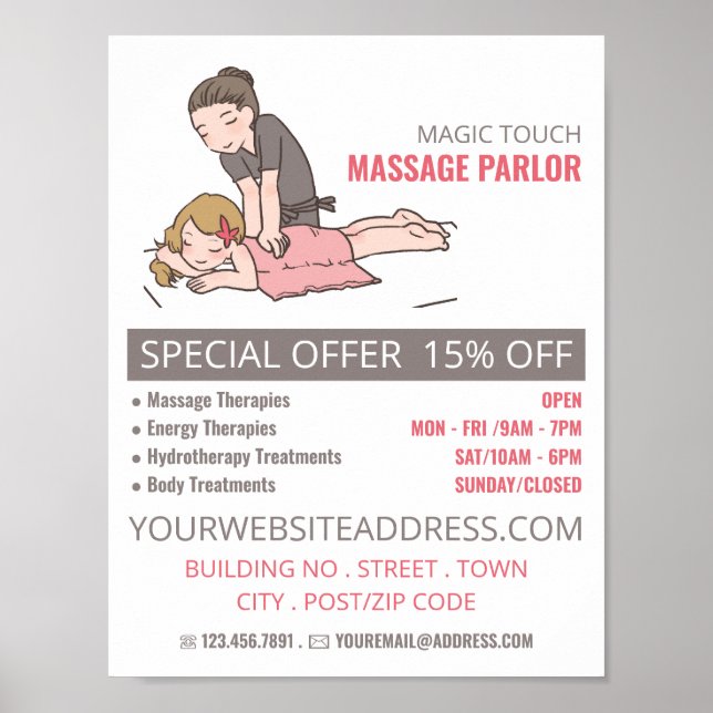 Tecknad massage, massagebehandling, massage parlor poster (Framsidan)