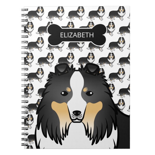 Tecknad med tre färger med Hund Bone & Namn Anteckningsbok (Framsidan)