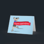 Tecknad mellan grattis på födelsedagen och Springe Kort<br><div class="desc">En tecknad av en kvinnlig springer med hennes arm i luft,  som löper genom ett rött band med texten "Happpy Birthday!".</div>
