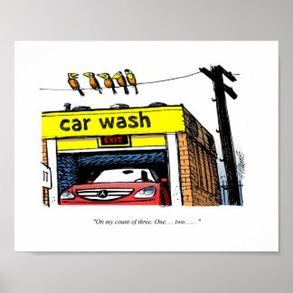 Tecknad Mercedes Car Tvättar fåglar Poster