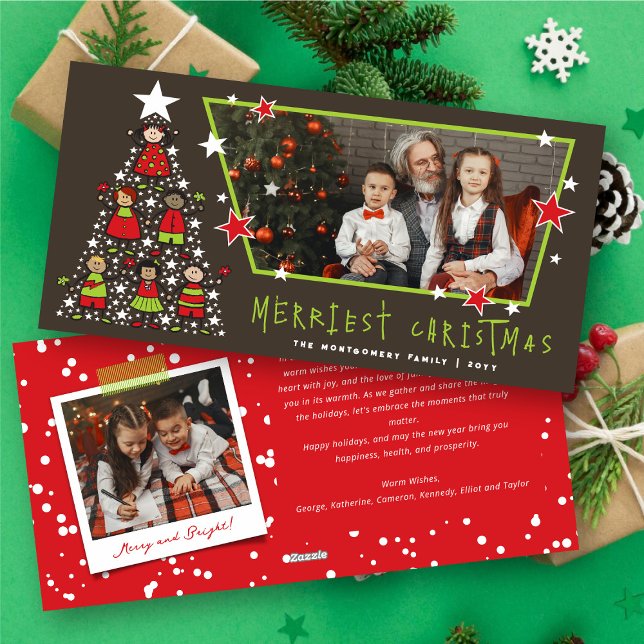 Tecknad Merriest Julgran Cute Kids Photo Julkort (Cartoon Merriest Christmas Tree Cute Kids Photo Holiday Card @ fat_fa_tin)