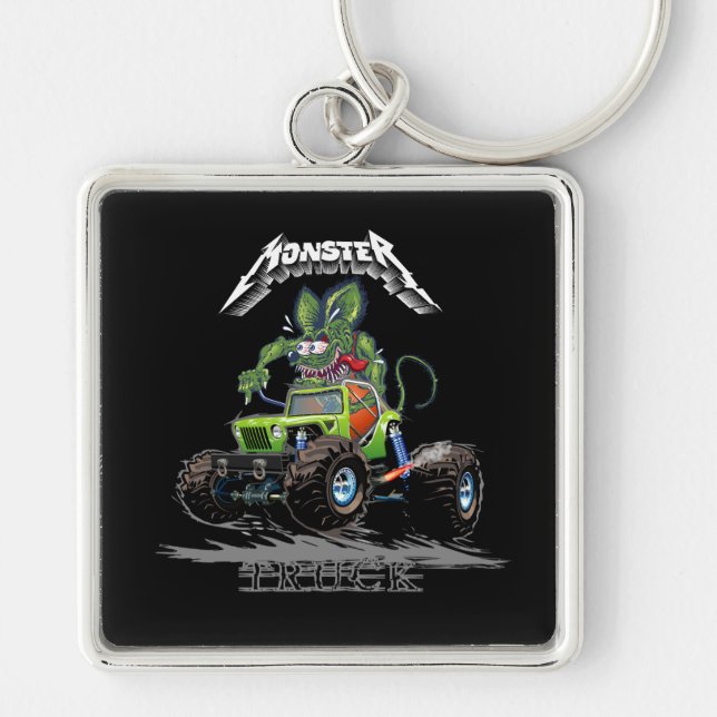 Tecknad monstertruck fyrkantig silverfärgad nyckelring (Framsidan)