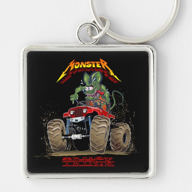 Tecknad monstertruck fyrkantig silverfärgad nyckelring (Framsidan)