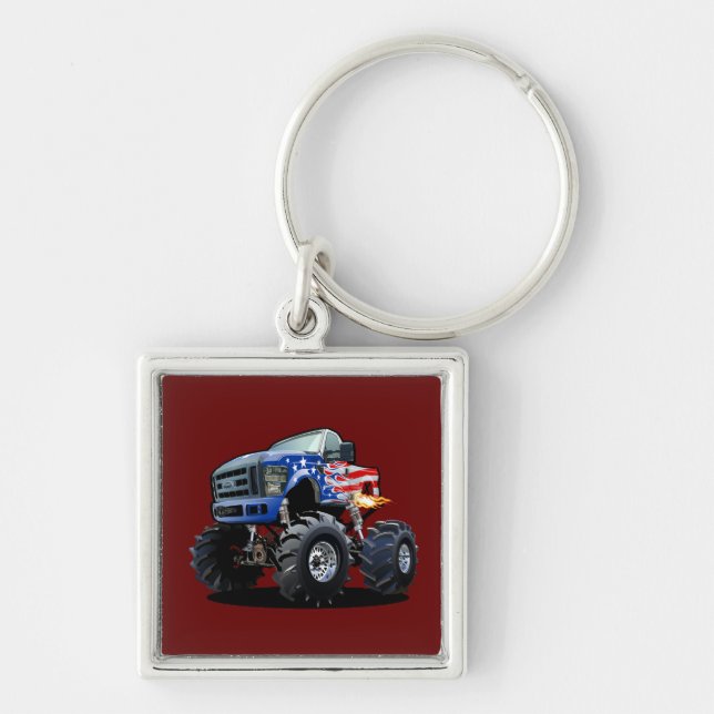 Tecknad monstertruck fyrkantig silverfärgad nyckelring (Framsidan)