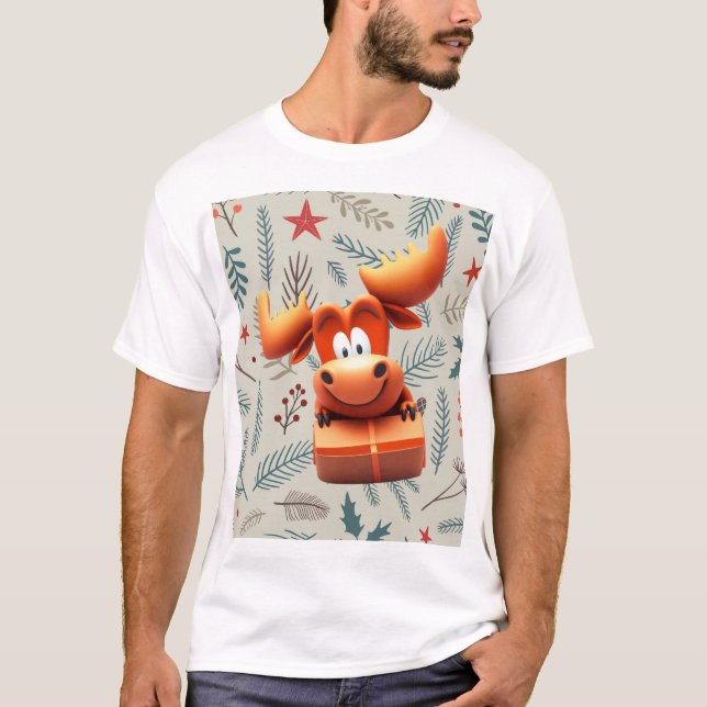 Tecknad Moose med Gift på jul Mönster T Shirt (Framsida)