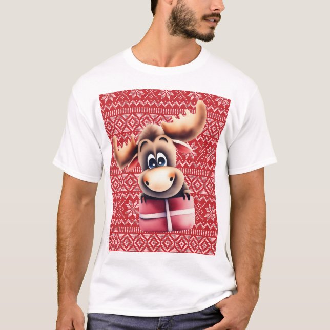 Tecknad Moose med julklapp T Shirt (Framsida)