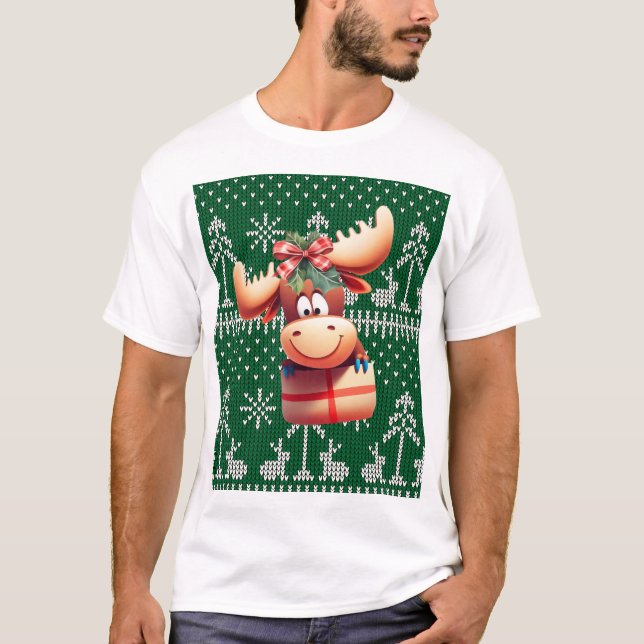 Tecknad Moose på Grönt Knkunnig Mönster T Shirt (Framsida)