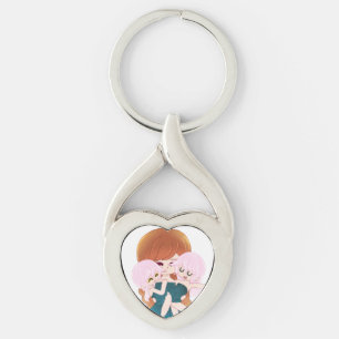 Tecknad Mor med hennes Twillingar Hjärtnyckelring Twisted Heart Silverfärgad Nyckelring