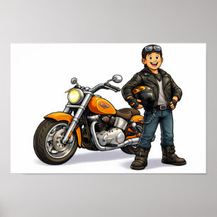 Tecknad motorcyklist med kraftfull motorcyklistkon poster