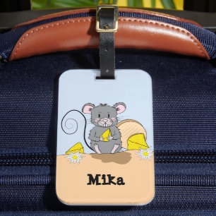 Tecknad Mouse som äter Cheese Luggage Tag med Namn Bagagebricka