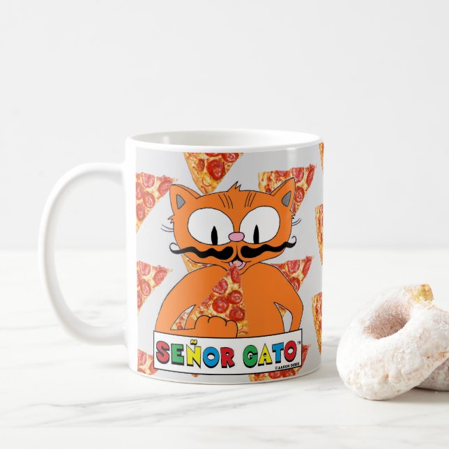 Tecknad Mustache Cat Senor Gato Eating Pizza Kaffemugg (Med munk)