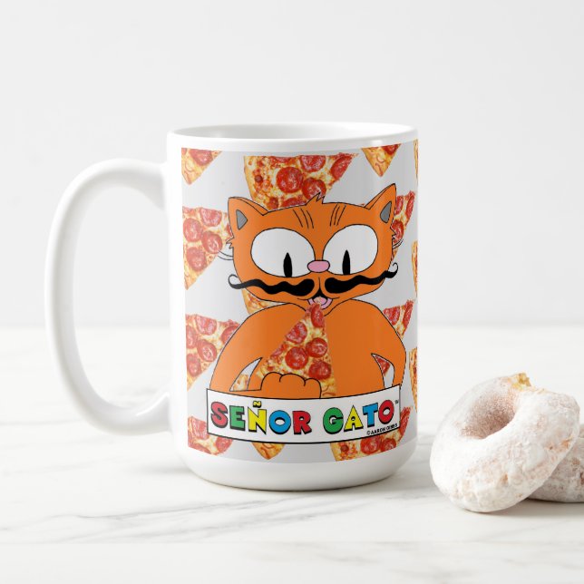 Tecknad Mustache Cat Señor Gato Pizza Älskare Larg Kaffemugg (Med munk)
