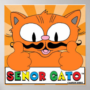 Tecknad Mustache Cat Senor Gato Two Thumbs Up Poster