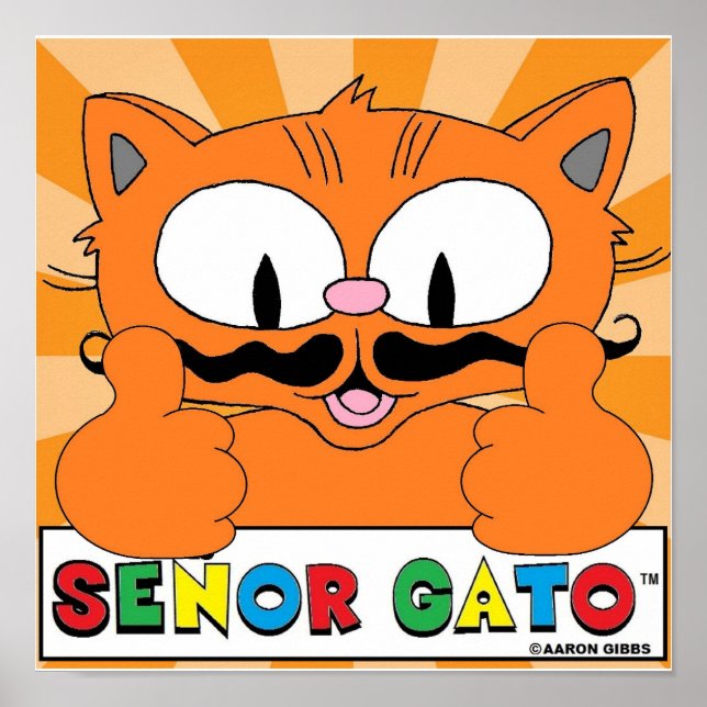 Tecknad Mustache Cat Senor Gato Two Thumbs Up Poster (Framsidan)