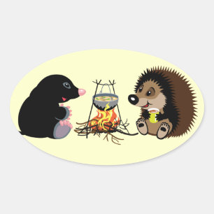 tecknad och hedgehog ovalt klistermärke