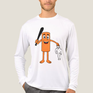 Tecknad orange figur som håller slagträ och konsti t shirt
