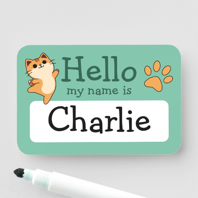 Tecknad Orange Katt, Banutskrift, Anpassningsbar,  Namnbricka (På plats)