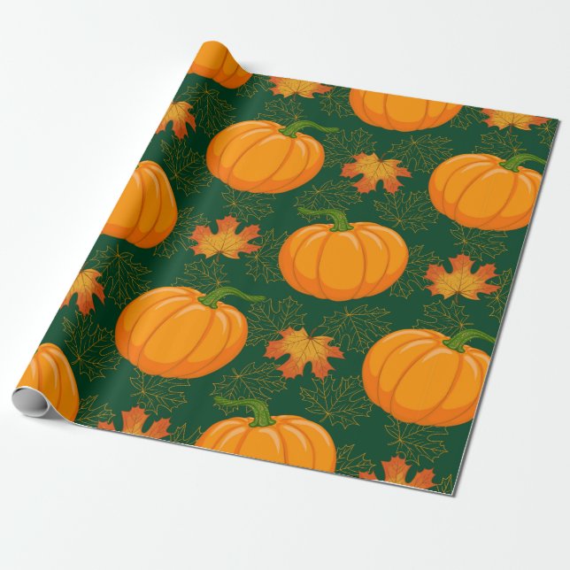 Tecknad orange Pumpkin och höstmapel faller Presentpapper (Utrullad)